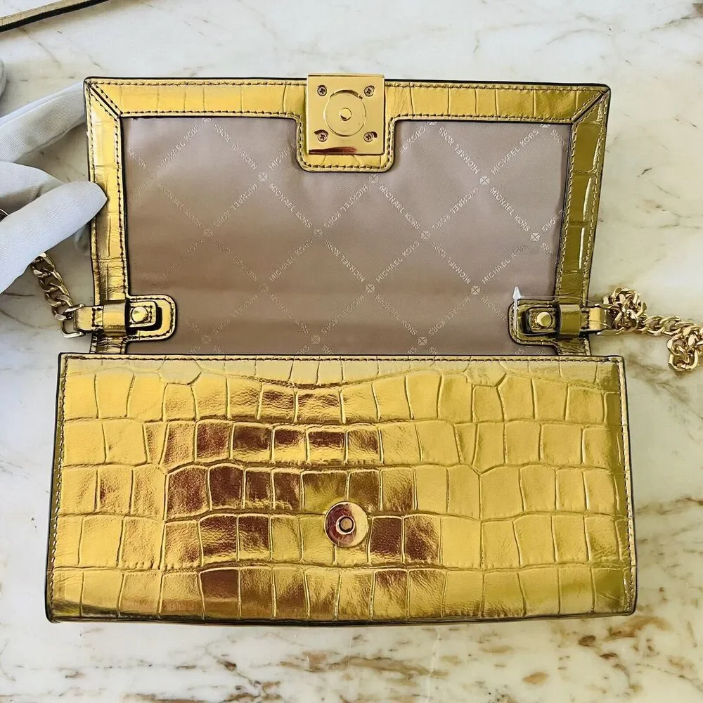 MICHAEL KORS Karla Gold Embossed Leather Clutch Chain Crossbody Bag
